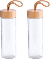 2x Stuks glazen waterfles/drinkfles transparant met bamboe houten dop met handvat 420 ml - Sportfles - Bidon