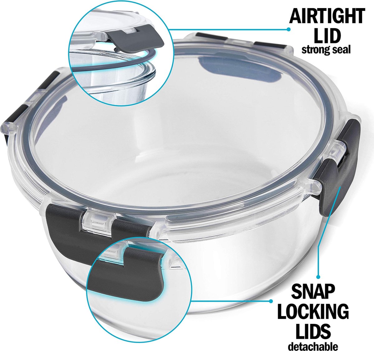 Igluu Meal Prep - Set van 3 Stapelbare Ronde Glazen Containers - Lunch Box voor Voedsel Opslag, Vriezer, Magnetron, Oven & Vaatwasserbestendig, BPA Vrij - Luchtdichte SnapLock Deksels (Verschillende Groottes)