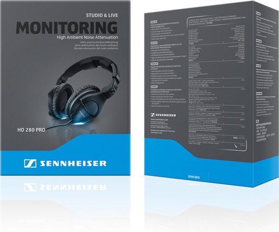 Doos van de Sennheiser HD 280 Pro studio koptelefoon, voorkant en zijkant.