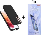 Soft Back Cover Hoesje Geschikt voor: Samsung Galaxy S22 Silicone - Zwart + 1X Tempered Glass Screenprotector - ZT Accessoires