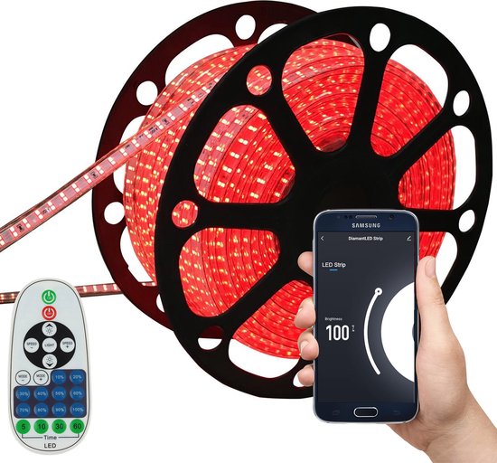 LED Strip Rood - 10 Meter aan één stuk - 180 LED's per meter - Met Wi-Fi App + IR 23 knops afstandsbediening - Smarthome - Google Home/Amazon Alexa - Waterdicht - Makkelijke mobiele App voor bedienen inclusief afstandsbediening - iOS en Android
