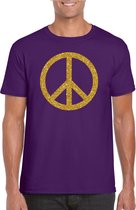 Paars Flower Power t-shirt gouden glitter peace teken heren - Sixties/jaren 60 kleding S