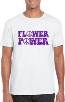 Wit Flower Power t-shirt peace tekens met paarse letters heren - Sixties/jaren 60 kleding S