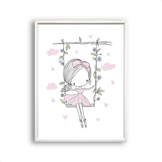 Design Poster Meisje op de schommel met bloemetjes roze / Kinderkamer / Meisjeskamer / Muurdecoratie / 70x50cm - Postercity
