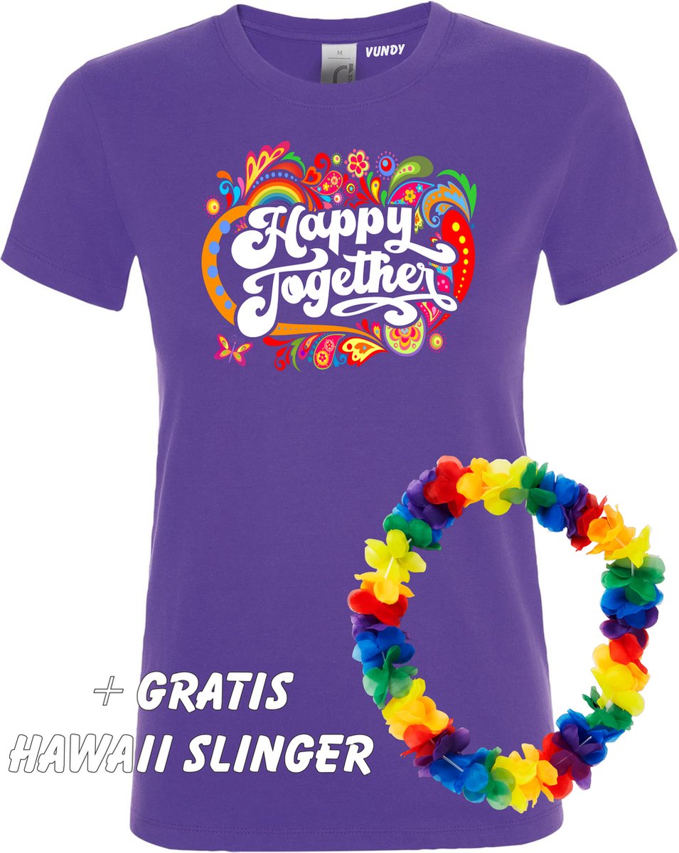 Dames t-shirt Happy Together Print   Toppers in Concert 2022   Toppers kleding shirt   Flower Power   Hippie Jaren 60   Paars dames   maat XL