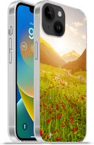 Geschikt voorApple Iphone 14 - Softcase hoesje - Bloemen - Berg - Zon - Siliconen Telefoonhoesje