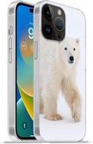 Geschikt voorApple Iphone 14 Pro Max hoesje - IJsbeer - Sneeuw - Wit - Siliconen Telefoonhoesje