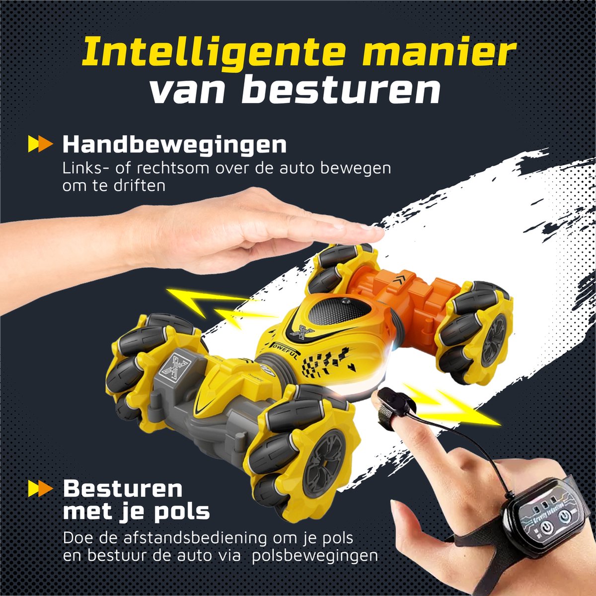 Huntex RC Stunt Car - Inclusief Extra Accu en batterijen - Radiografisch Bestuurbare Auto - Offroad - Transformerende Auto - Volwassenen en Kind - Geel/Oranje - 4wd Twist — afbeelding 7