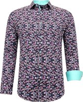 Luxe Satijn Heren Overhemd Bloemen Print - 3076NW - Zwart / Turquoise