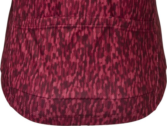 Achterkant van een rood fietsshirt met lange mouwen, met een abstract patroon in roodtinten en drie zakken aan de onderkant.