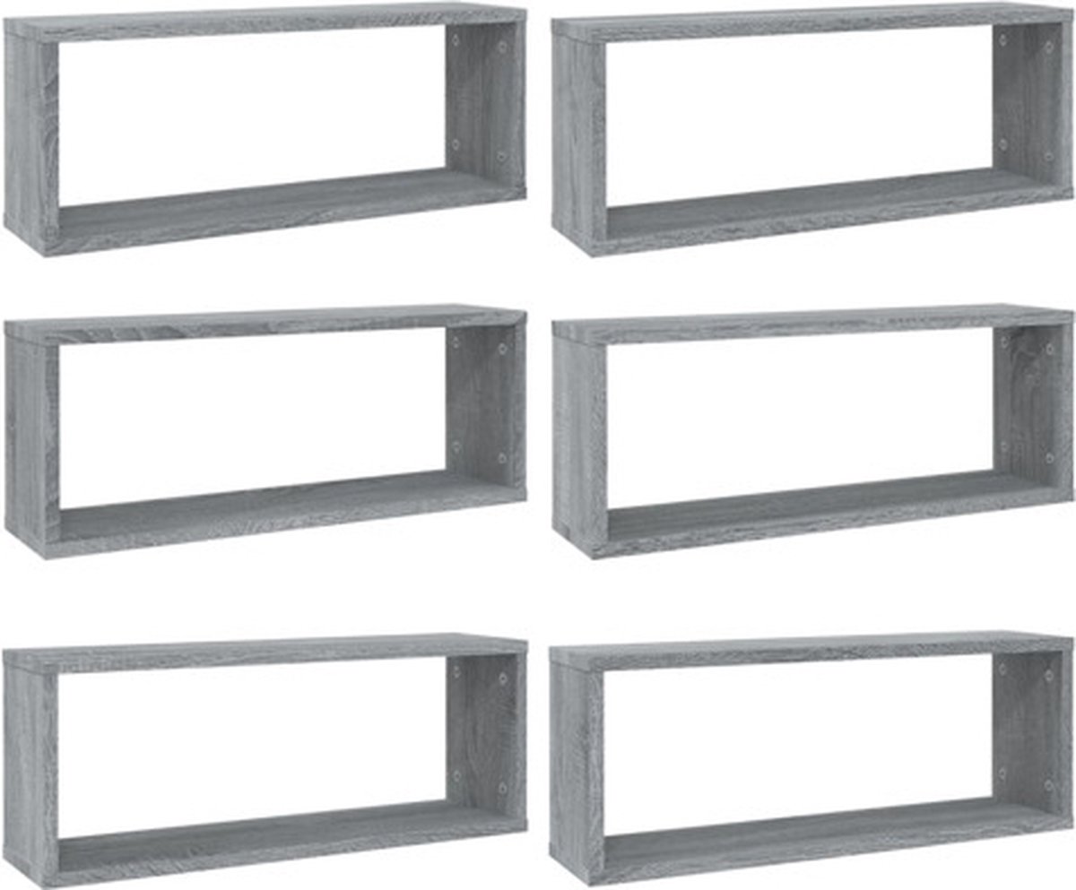 vidaXL Wandschappen - kubus - 6 - st - 60x15x23 - cm - bewerkt - hout - grijs - sonoma grijs sonoma eiken