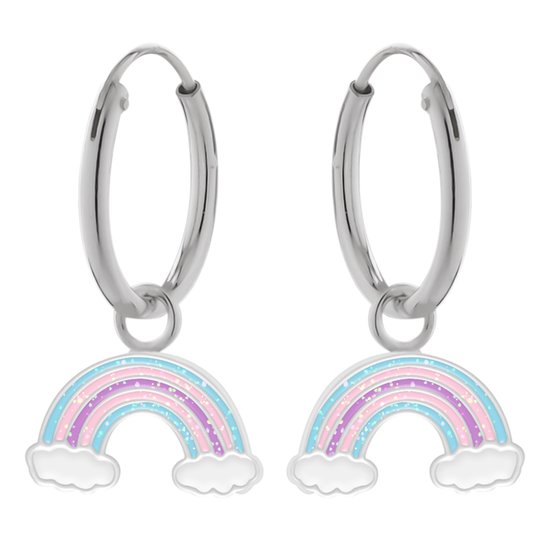 Oorbellen meisje | Zilveren kinderoorbellen | Zilveren oorringen met hanger, regenboog in blauw, roze en paars met wolkjes en glitter
