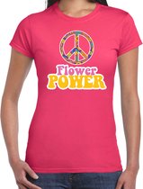 Toppers Jaren 60 Flower Power verkleed shirt roze met gele letters dames - Sixties/jaren 60 kleding XS