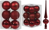 Kerstversiering kunststof kerstballen en piek in rood 6 en 8 cm pakket van 37x stuks - glans/mat/glitter mix