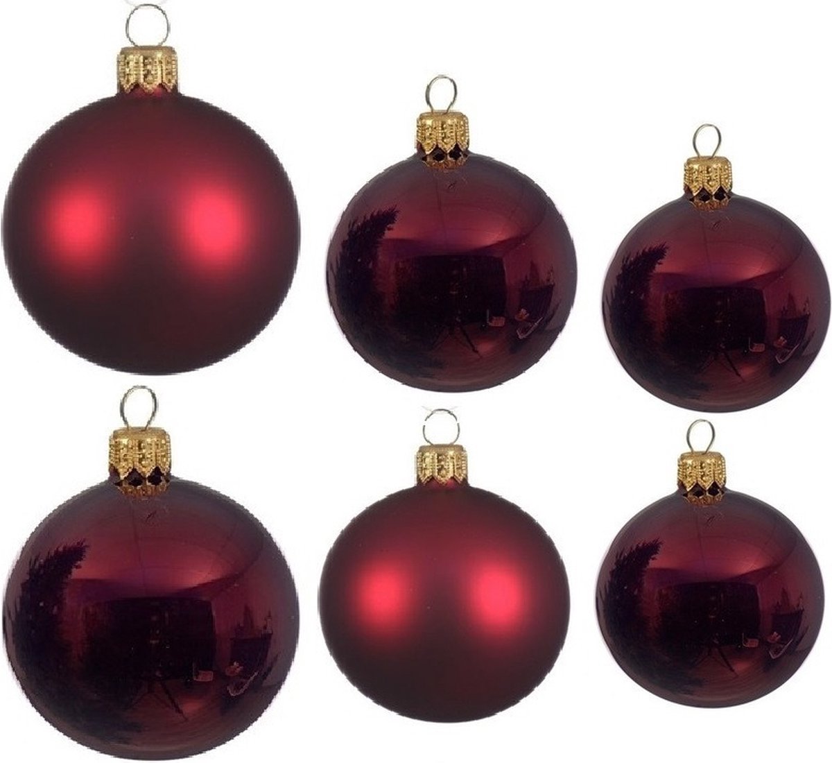 Compleet glazen kerstballen pakket donkerrood glans/mat 16x stuks - 6x 6 cm - 6x 8 cm - 4x 10 cm