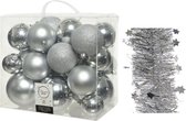 Kerstversiering kunststof kerstballen 6-8-10 cm met sterren folieslingers pakket zilver van 28x stuks - Kerstboomversiering