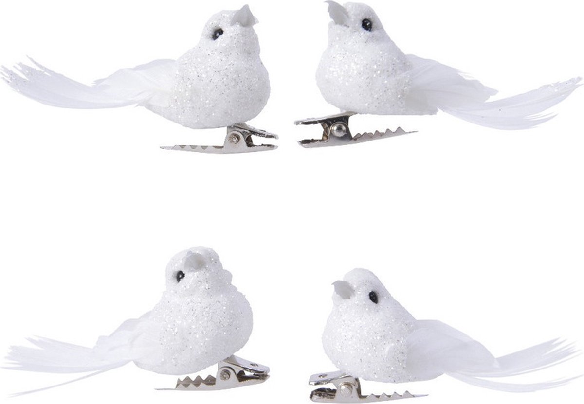 Decoris vogeltjes - 4x stuks - glitter wit - kunststof - 5 cm - op clip - kerstdecoratie - kerstversiering