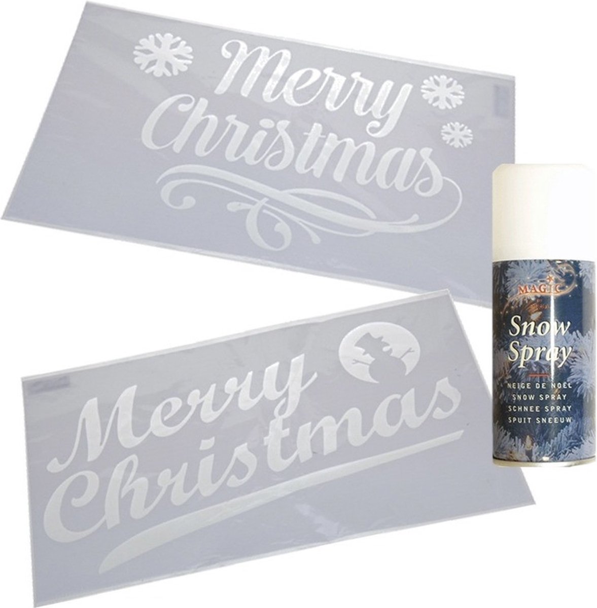 Kerst raamsjablonen met sneeuwspray in merry christmas design - 2 stuks.