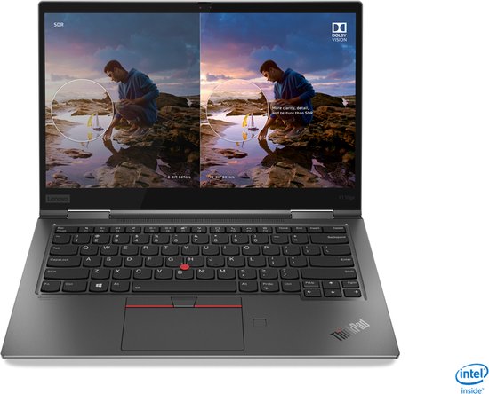Lenovo ThinkPad laptop met toetsenbord, die twee schermen met vergelijkbare beelden toont, één met '6-bit detail' en de andere met '8-bit detail' en 'Dolby Vision'.