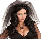 Widmann - Dark Bride Zwarte Sluier Met Bloemen - Zwart - Halloween - Verkleedkleding