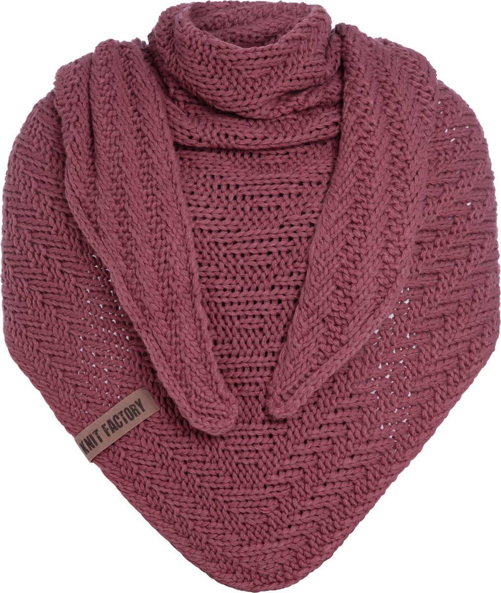 Knit Factory Sally Gebreide Omslagdoek - Driehoek Sjaal Dames - Dames sjaal - Wintersjaal - Stola - Wollen sjaal - Rode sjaal - Stone Red - 220x85 cm - Grof gebreid