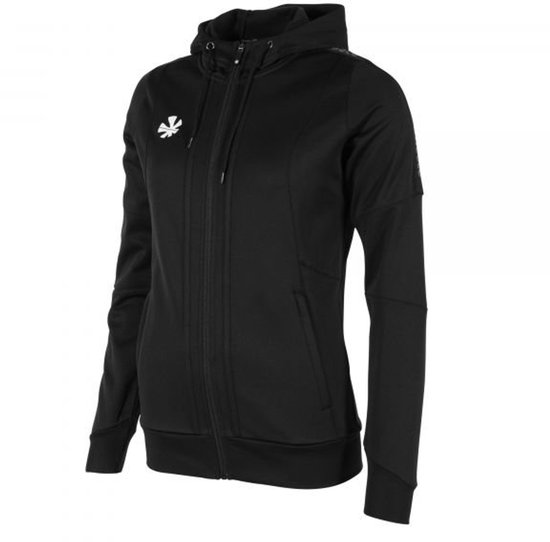 Zwarte hoodie met witte opdruk op de linkerborst. De hoodie heeft een ritssluiting en steekzakken.