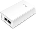 Witte TP-Link voedingsadapter met POE en LAN ethernetpoorten.