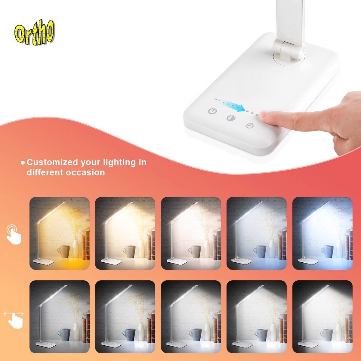 Ortho® - Bureaulamp - Bedlamp - Leeslamp - Nachtlamp - LED - Kleur licht, van Warm Wit tot Daglicht - Dimbaar - met USB oplaadpoort - Zilverkleurig thumbnail 3