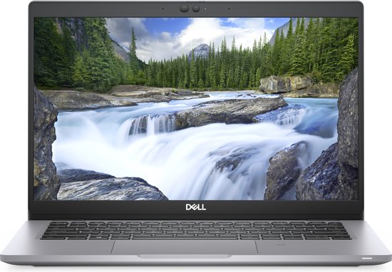 Vooraanzicht van opengeklapte grijze Dell laptop met waterval-achtergrond.