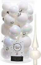 Decoris kerstballen 30x stuks - parelmoer wit 4/5/6 cm kunststof mat/glans/glitter mix en mat glazen piek 26 cm