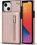 Roze goudkleurig telefoonhoesje met portemonnee-functie en ritsvak, gedetailleerd met gouden rits en schakel.