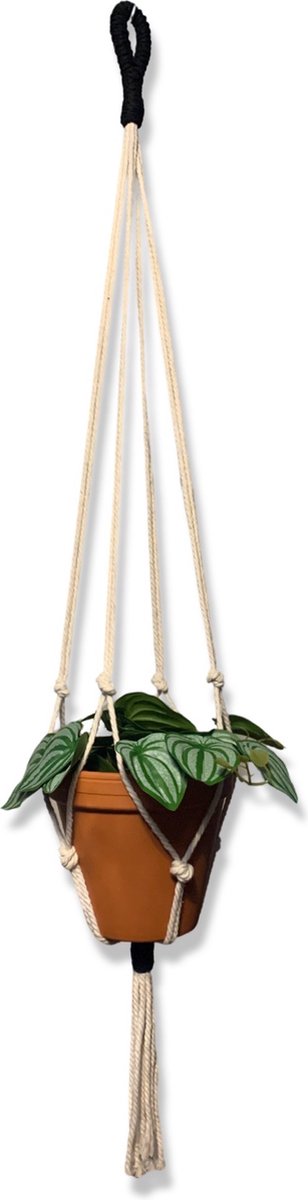 Plantenhanger 'Wacky' Wit/Zwart - 100 cm lang - Katoenkoord - Geschikt voor Pot met Diameter t/m 25 cm - Handgemaakt in ons Macramé Atelier - Prijs per Stuk - Let op: Exclusief Pot - Inclusief Verzendkosten