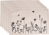 Clayre & Eef Placemats Set van 6 48x33 cm Beige Zwart Katoen Bloemen Tafelmat