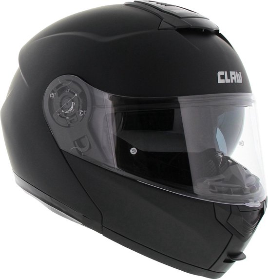 Matzwarte systeemhelm van CLAW met een helder vizier en ventilatieopeningen bovenop.
