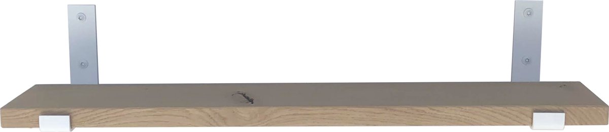 GoudmetHout Wandplank Industrieel - 100 x 15 cm Muurplank - Eiken Hout - Decoratie Wandrek & Boekenrek - Hangplank Keuken - Wall Shelf + 2 Mat Witte Plankdragers van Staal Licht eiken, Mat wit