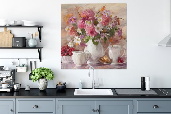 Toile - Peinture - Fleurs - Vase - Huile - 90x90 cm - Décoration murale