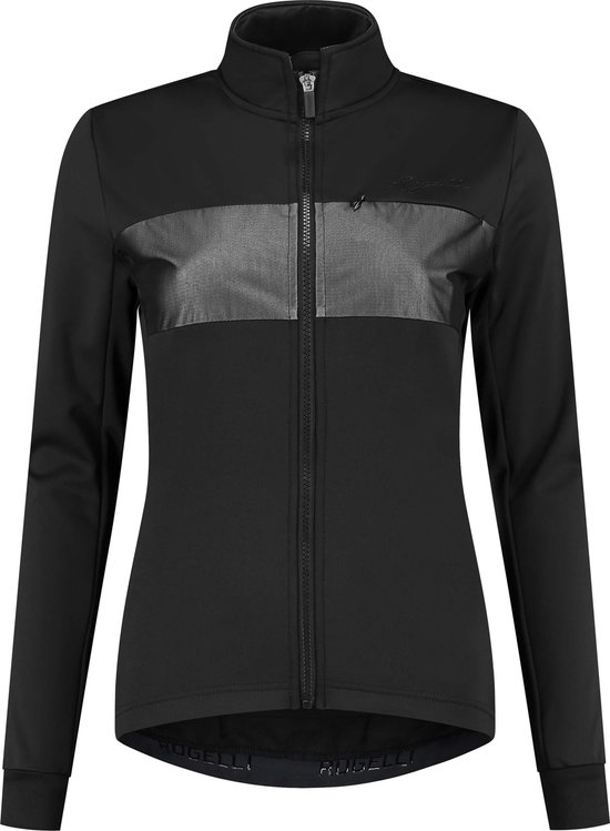 Zwart fietsjack voor dames met een grijze horizontale baan over de borst en een ritssluiting aan de voorkant.