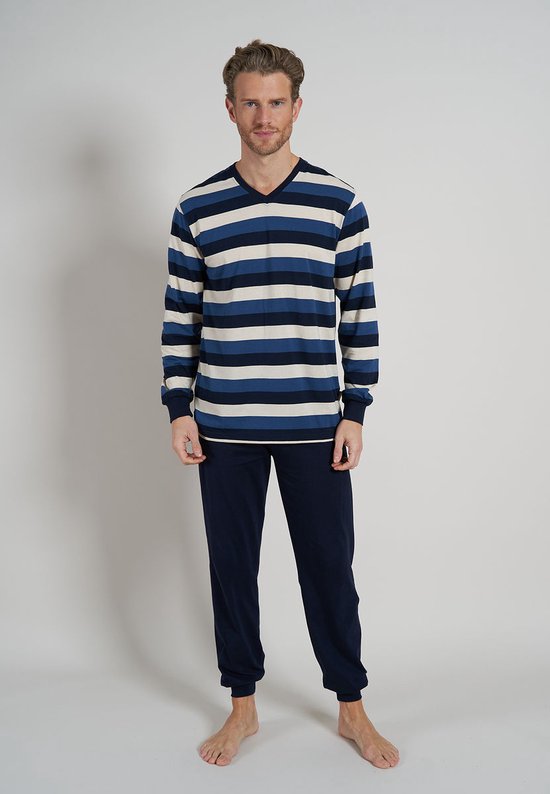 Ceceba heren pyjama V-hals - middenblauw gestreept - Maat: XL