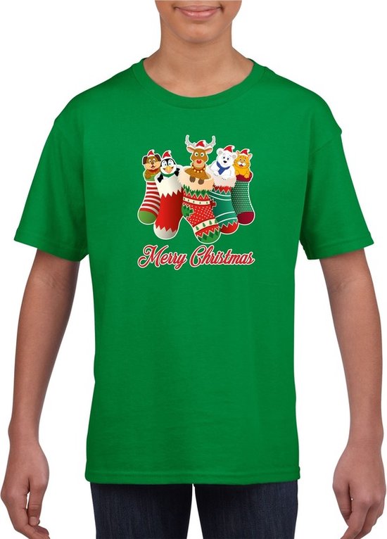 Kerst t-shirt / shirt kids - Merry Christmas dieren kerstsokken groen voor  kinderen -... | bol.com
