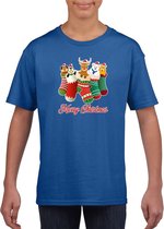 Kerst t-shirt / shirt kids - Merry Christmas dieren kerstsokken blauw voor kinderen - kerstkleding / christmas outfit 140/152