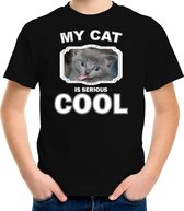 Grijze kat katten t-shirt my cat is serious cool zwart - kinderen - katten / poezen liefhebber cadeau shirt - kinderkleding / kleding 134/140