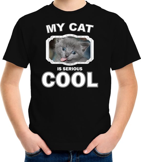 Grijze kat katten t-shirt my cat is serious cool zwart - kinderen - katten / poezen liefhebber cadeau shirt - kinderkleding / kleding 134/140