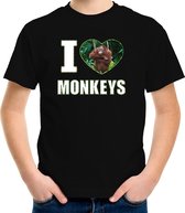 I love monkeys t-shirt met dieren foto van een Orang oetan aap zwart voor kinderen - cadeau shirt apen liefhebber - kinderkleding / kleding 122/128