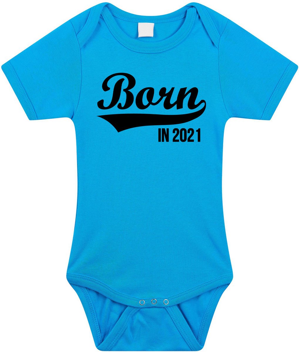 Born in 2021 tekst baby rompertje blauw jongens - Kraamcadeau - 2021 geboren cadeau 92