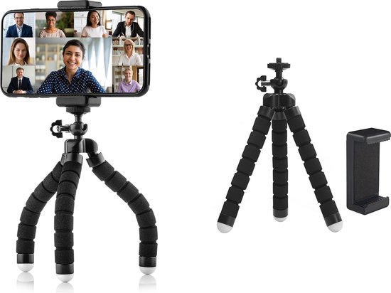 Twee flexibele mini-statieven met smartphones: één met een video call, de ander los.