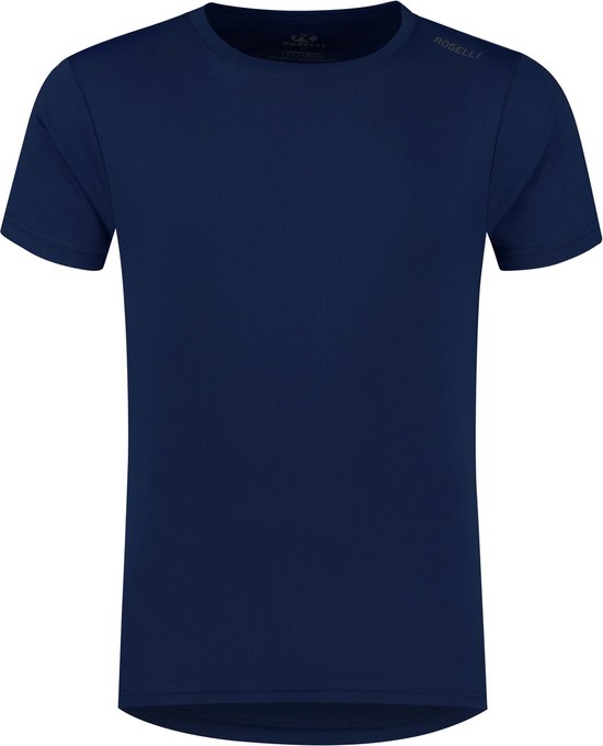 Donkerblauw sportshirt met korte mouwen en Rogelli logo op de schouder, effen van kleur.