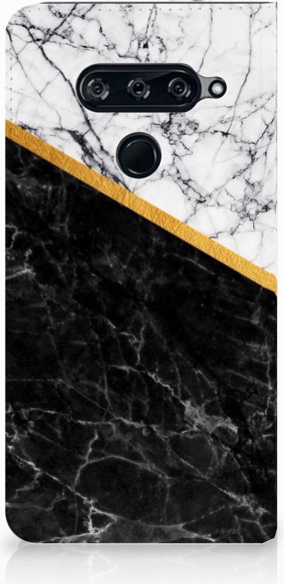 LG V40 Thinq Standcase Marmer Wit Zwart - Origineel Cadeau Man