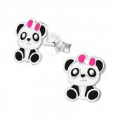 Oorbellen kinderen | Zilveren oorstekers, panda met roze strik