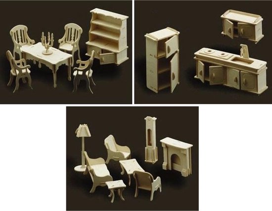 Bron Economie informeel Poppenhuis meubels set keuken, huiskamer en eetkamer - Bouwpakket | bol.com