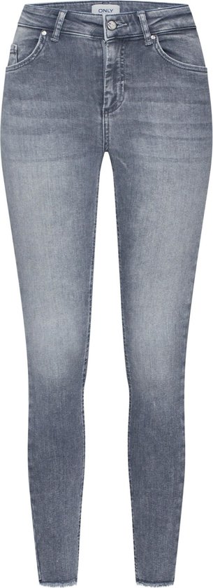Voorkant van een grijze skinny jeans met medium taille en rafelige zoom.